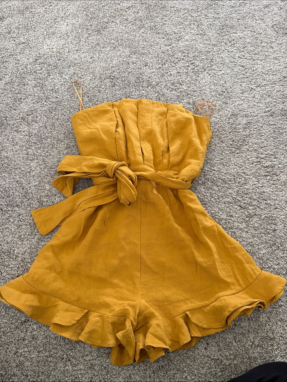 Luxxel Mustard Yellow Strapless Ruffle Romper with Waist Tie Small
